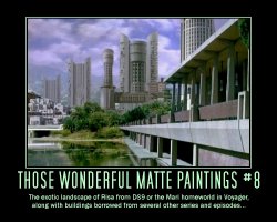 Those Wonderful Matte Paintings #8 --- The exotic landscape of Risa from DS9 or the Mari homeworld in Voyager, along with buildings borrowed from several other series and episodes...